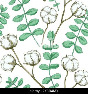 Motivo senza cuciture con rami in cotone e eucalipto. Illustrazione vettoriale in stile retro dettagliato. Illustrazione Vettoriale