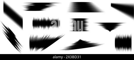 Set di elementi glitch mezzitoni. Collezione di forme geometriche tratteggiate. Forme spikey astratte dei mezzitoni grunge per stampa, striscione, poster, collage, sovrapposizione, etichetta, etichetta. Confezione vettoriale affilata in distacco Illustrazione Vettoriale