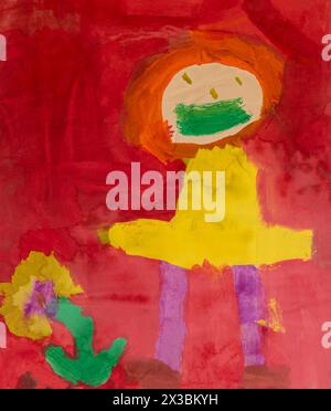 Un dipinto ad acquerello di una persona e un fiore come raffigurato da un bambino di cinque anni. Foto Stock