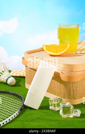 Una bottiglia di colore bianco si appoggia su un cestello di bambù con una fetta di arancia e una tazza di succo d'arancia. Superficie erbosa. Una racchetta e una navicella Foto Stock