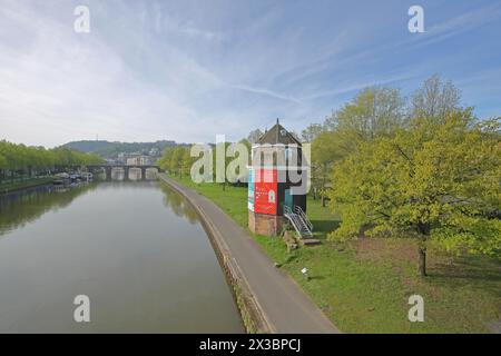 Vista dal ponte Wilhelm-Heinrich con la vecchia gru Saar e il ponte vecchio in primavera, gru, riflessione, Saarbank, Saar, Crane, Saarbruecken, Saarland Foto Stock