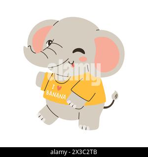Carino illustrazione vettoriale estiva Elefante. Godendo l'estate calda in tshirt, amo la banana. Per scheda, striscione, poster Illustrazione Vettoriale