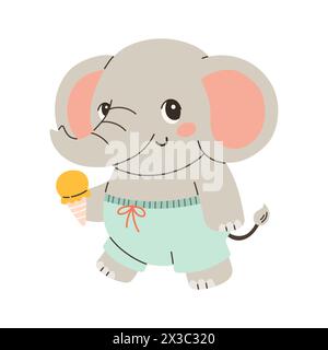 Carino illustrazione vettoriale estiva Elefante. Gusta un gelato estivo caldo. Per scheda, striscione, poster Illustrazione Vettoriale