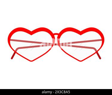 Occhiali a forma di cuore. Clipart vettoriale isolato con lenti trasparenti. Colore rosso. Sfondo bianco chiaro. Illustrazione Vettoriale