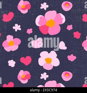 Motivo senza cuciture fiori sakura sfondo scuro texture petali di ciliegio rosa disegnati a mano ornamento luminoso illustrazione piatta vettoriale Illustrazione Vettoriale
