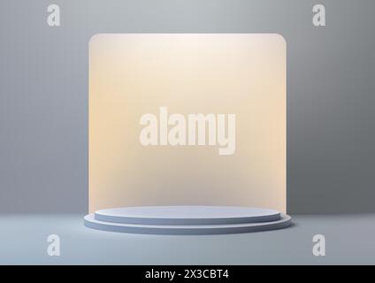 Podio 3D di colore blu realistico con sfondo quadrato sul pavimento e sfondo grigio della parete, concetto minimale, esposizione dei prodotti, mockup, showroom, spettacoli Illustrazione Vettoriale