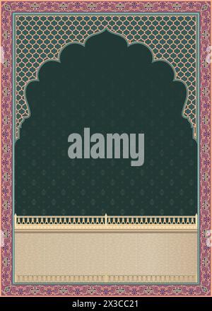 Cornice ad arco mughal indiano. Design del modello di invito al matrimonio. Può essere utilizzato per inviti di nozze moghul, biglietti di auguri, note di benvenuto, argomento islamico. Illustrazione Vettoriale