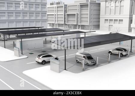 Stazione di ricarica per veicoli elettrici dotata di pannelli solari e contenitore per la conservazione delle batterie. Immagine di rendering 3D. Foto Stock