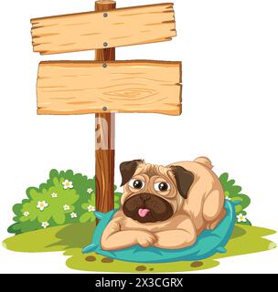 Carino cucciolo che giace vicino a un segno di legno vuoto. Illustrazione Vettoriale