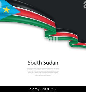 Ondeggiante nastro con bandiera del Sud Sudan. Modello per la progettazione del poster del giorno indipendenza Illustrazione Vettoriale