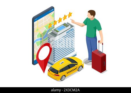 Applicazione telefonica Isometric Online Booking. Acquisto di biglietti con smartphone. Persone che prenotano hotel e cercano prenotazioni per vacanze. Mappe smartphone Illustrazione Vettoriale