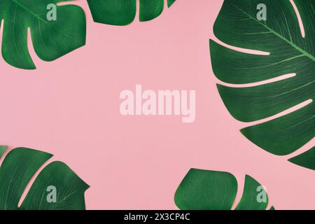 Foglie tropicali di Monstera su sfondo rosa con spazio per le copie creative. Concetto estivo naturalistico minimalista. Elegante layout con foglie verdi esotiche. Posizione piatta. Foto Stock