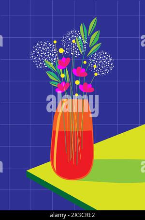 Illustrazione vettoriale decorativa di un vaso con fiori su un tavolo a casa in colori vivaci e brillanti Illustrazione Vettoriale