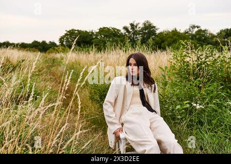 Una bella giovane donna in abito bianco siede tranquillamente su una sedia in un campo, immergendosi nella brezza estiva. Foto Stock