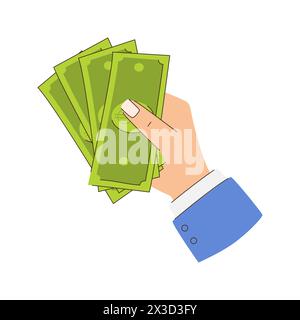Una mano che regge una pila di bollette verdi. La mano indossa un vestito blu. Concetto di ricchezza e prosperità. Illustrazione vettoriale piatta isolata su b bianco Illustrazione Vettoriale
