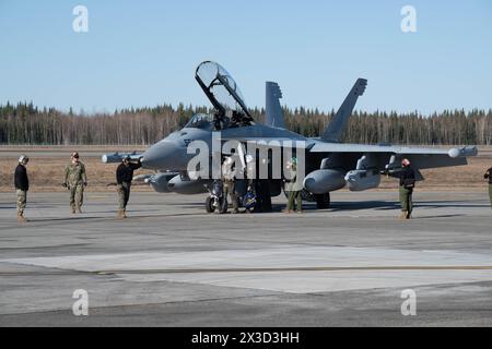 I marinai della Marina degli Stati Uniti assegnati al Electronic Attack Squadron (VAQ-131) eseguono controlli pre-volo durante la Red-Flag Alaska 24-1 presso l'Eielson Air Force Foto Stock