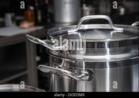 Primo piano di una pentola in acciaio inossidabile, pronta per qualsiasi attività in cucina Foto Stock