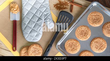 Biscotti al pan di zenzero appena sfornati e prodotti essenziali da forno Foto Stock