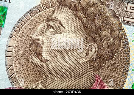 Cinquecento zloty polacchi, 500 PLN. Macro di Jan III Sobieski affronta il denaro polacco. Vista dall'alto Foto Stock