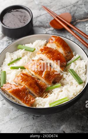 Il pollo con salsa di soia è un piatto classico cinese servito con riso e salsa da immersione in primo piano sul tavolo. Verticale Foto Stock