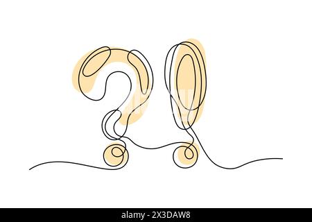 Disegno continuo di punto interrogativo e punto esclamativo, linea sottile in stile minimalista. Design minimalista per lo sfondo. Segnale di attenzione Illustrazione Vettoriale
