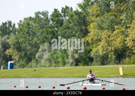 SEGHEDINO, UNGHERIA - APRILE 25: David Zeelenberg dei Paesi Bassi durante il giorno 2 dei Campionati europei 2024 di canottaggio al Centro Olimpico Nazionale di canottaggio e canottaggio di Seghedino il 25 aprile 2024 a Seghedino, Ungheria. (Foto di Nikola Krstic/BSR Agency) Foto Stock