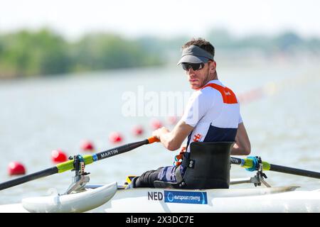 SEGHEDINO, UNGHERIA - APRILE 25: David Zeelenberg dei Paesi Bassi durante il giorno 2 dei Campionati europei 2024 di canottaggio al Centro Olimpico Nazionale di canottaggio e canottaggio di Seghedino il 25 aprile 2024 a Seghedino, Ungheria. (Foto di Nikola Krstic/BSR Agency) Foto Stock