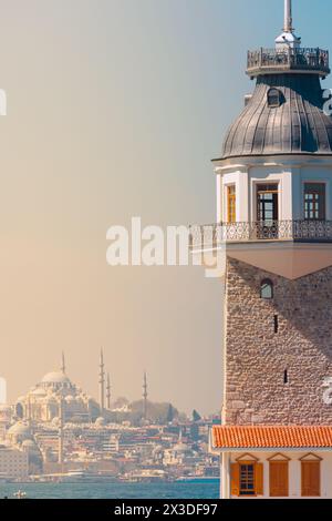 Kiz Kulesi, alias Torre della Vergine e Moschea Suleymaniye sullo sfondo. Visita la foto verticale di Istanbul Concept. Foto Stock