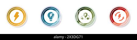 Segnale di fulmine bianco. Energia alternativa elegante set di icone rotonde. Logo a colori vettore ecologico. Illustrazione vettoriale. Illustrazione Vettoriale