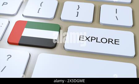 Bandiera nazionale degli Emirati Arabi Uniti e pulsante con testo Esplora. Illustrazione 3D. Foto Stock