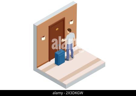Isometrico interno di un corridoio di un hotel, un uomo entra in una stanza d'albergo. Un turista con una valigia entra in una camera d'albergo e apre la porta della camera con un Illustrazione Vettoriale
