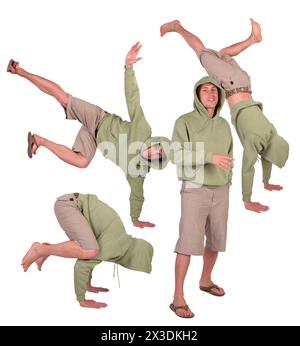 collage con tre uomini in piedi sulle mani e uno sui piedi in primo piano, in ponti e giacca con cappuccio, un solo modello Foto Stock