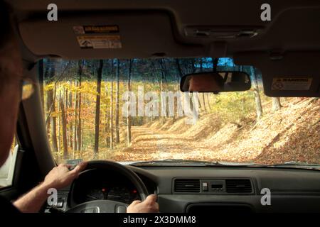 Virginia, Stati Uniti, guida su una strada di montagna non asfaltata a fine ottobre. Foto Stock