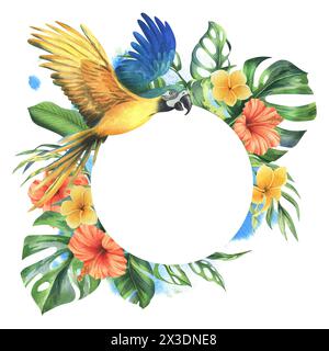 Foglie di palma tropicale, monstera e fiori di ibisco con pappagallo giallo-blu. Illustrazione botanica ad acquerello disegnata a mano. modello, telaio Foto Stock