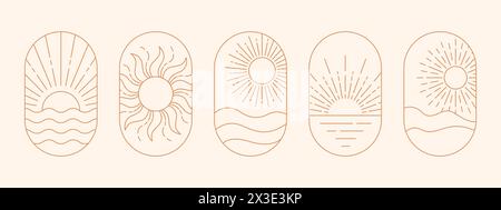 Il profilo bohémien astratto incornicia con sole. Sunset, Sunburst, sunbeam line art. Illustrazione vettoriale Illustrazione Vettoriale