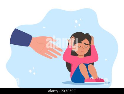 La mano umana aiuta il bambino infelice e triste in depressione seduto. Concetto di salute mentale Illustrazione Vettoriale