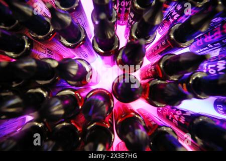 MOSCA - DEC 10, 2016: Bottiglie per la pubblicità di sigarette elettroniche a Vapexpo MOSCA - esposizione internazionale e conferenza dell'industria DEL VAPE a Sokolniki Foto Stock