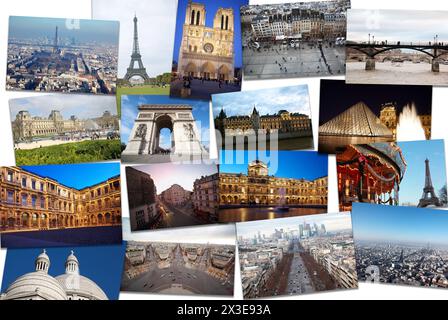 Collage con viste di Parigi - Torre Eiffel, Arco di Trionfo, Louvre, Cattedrale di Notre Dame de Paris Foto Stock