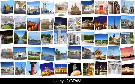 Collage con viste di San Pietroburgo: Hermitage, Palace Bridge, Petergof, Cattedrale di Kazan, St Cattedrale di Isacco, colonna di Alessandro Foto Stock