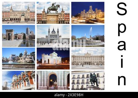 Collage con le foto di Madrid: Plaza Mayor, Fontana di Cibeles, Cattedrale di Nuestra Senora de la Almudena Foto Stock