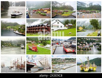Collage con le viste dei fiordi norvegesi - montagne, navi, costa, olio derrick Foto Stock