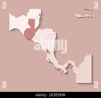 Illustrazione vettoriale con l'America centrale con i confini degli stati e il paese contrassegnato Guatemala. Mappa politica di colore marrone con regioni. Beige B. Illustrazione Vettoriale