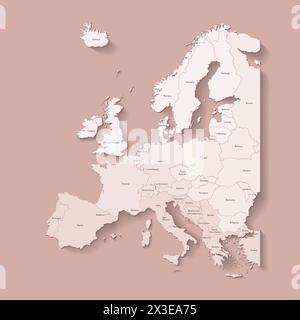 Illustrazione vettoriale con il continente europeo con confini di paesi e nomi di stati. Mappa politica di colore marrone con regioni. Sfondo beige Illustrazione Vettoriale