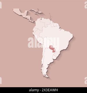 Illustrazione vettoriale con Sud America terra con confini di stati e paese contrassegnato Paraguay. Mappa politica di colore marrone con regioni. Beige indietro Illustrazione Vettoriale