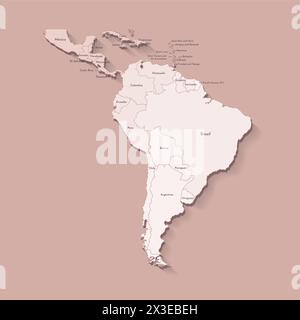 Illustrazione vettoriale con il Sud America con confini di paesi e nomi di stati. Mappa politica di colore marrone con regioni. Backgroun beige Illustrazione Vettoriale