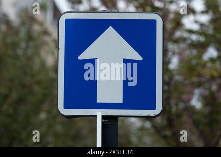 Sola andata parigina: Cartello con la freccia blu e bianca a Parigi, Francia Foto Stock