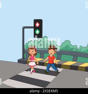 Illustrazione di un vettore di attraversamento pedonale per bambini Illustrazione Vettoriale
