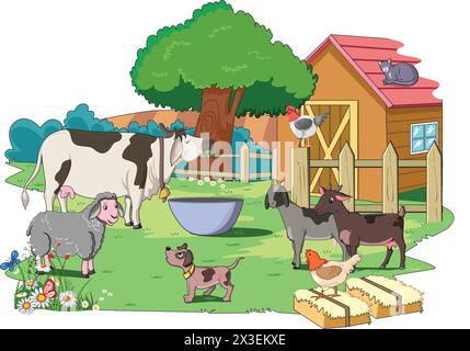 Animali da fattoria - illustrazione vettoriale di mucche, pecore, capre, cane, galline Illustrazione Vettoriale