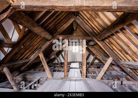 Architettura a soffitto con cornici in legno nella Speke Hall. Residenza Tudor del National Trust di grado i, Liverpool, Inghilterra, Regno Unito. Foto Stock