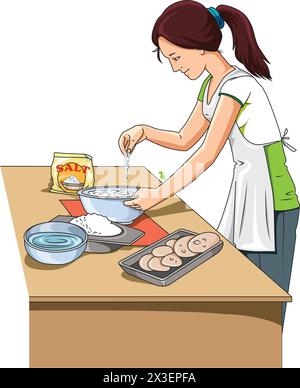 Donna che aggiunge spezie al vettore alimentare Illustrazione Vettoriale